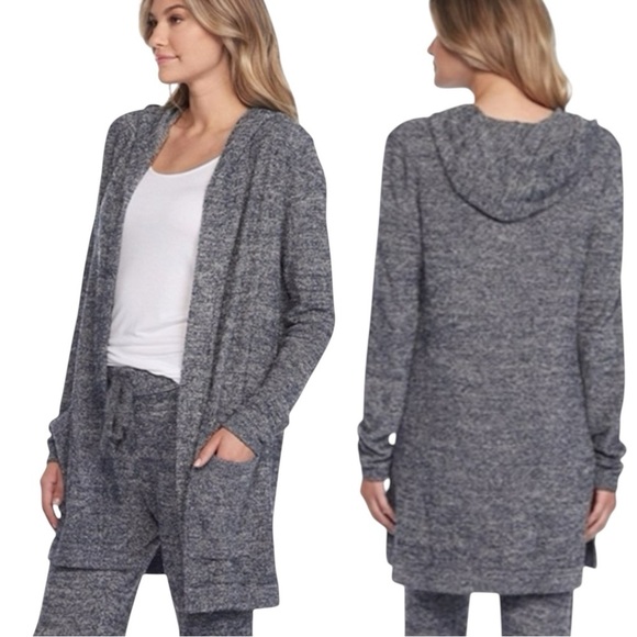 Barefoot Dreams Sweaters - BAREFOOT DREAMS CozyChic Lite Knit Resort Hooded Cardigan Navy Blue Grey Medium